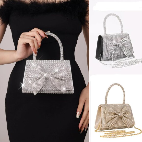 Evening Clutch Purse for Women Sparkly Bow Glitter Wedding Party Shoulder Bag - Picture 9 of 9